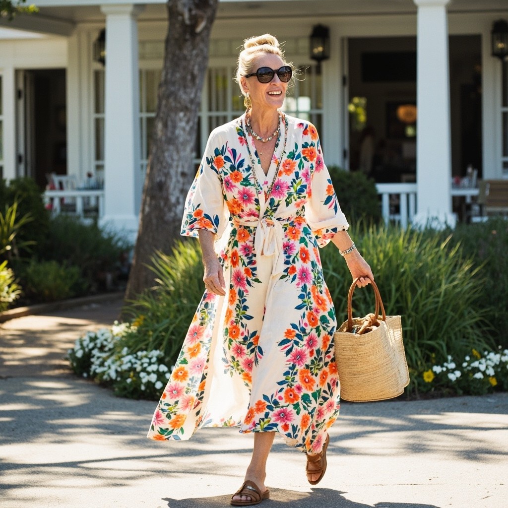 Mature Influencer Strolling near Hamptons Beach Restaurant