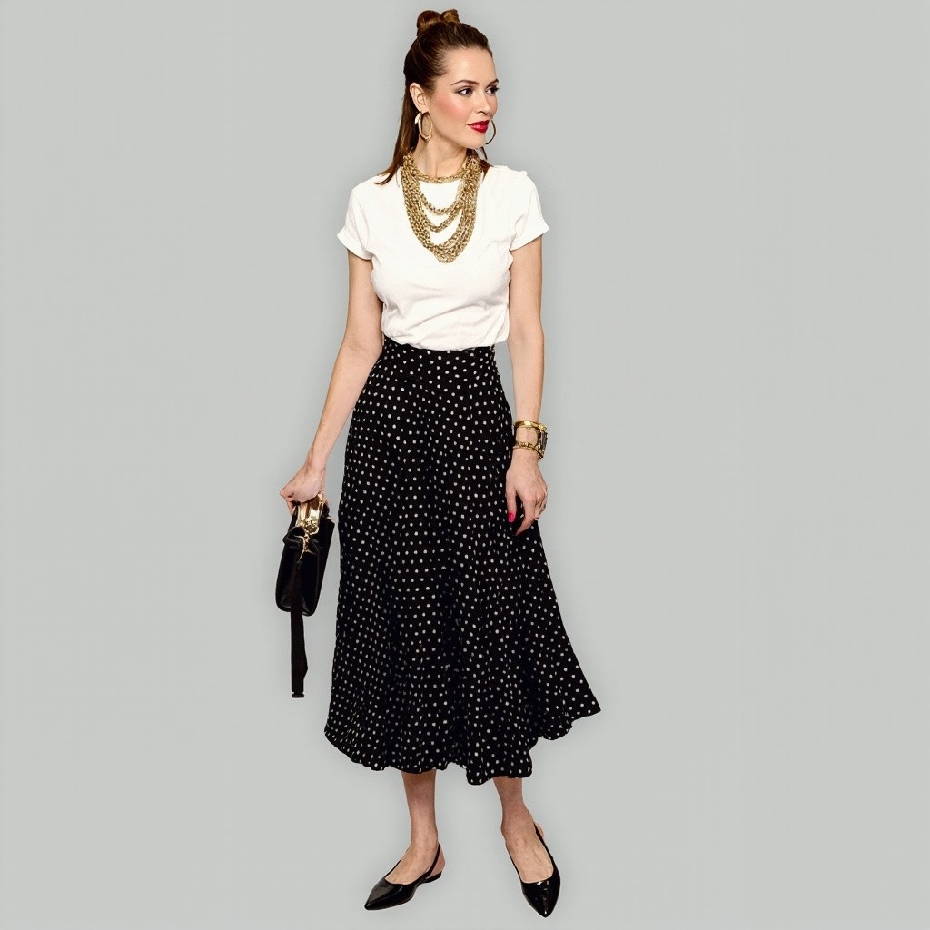 Mature Woman in Polka Dot Skirt with Gold Accessories