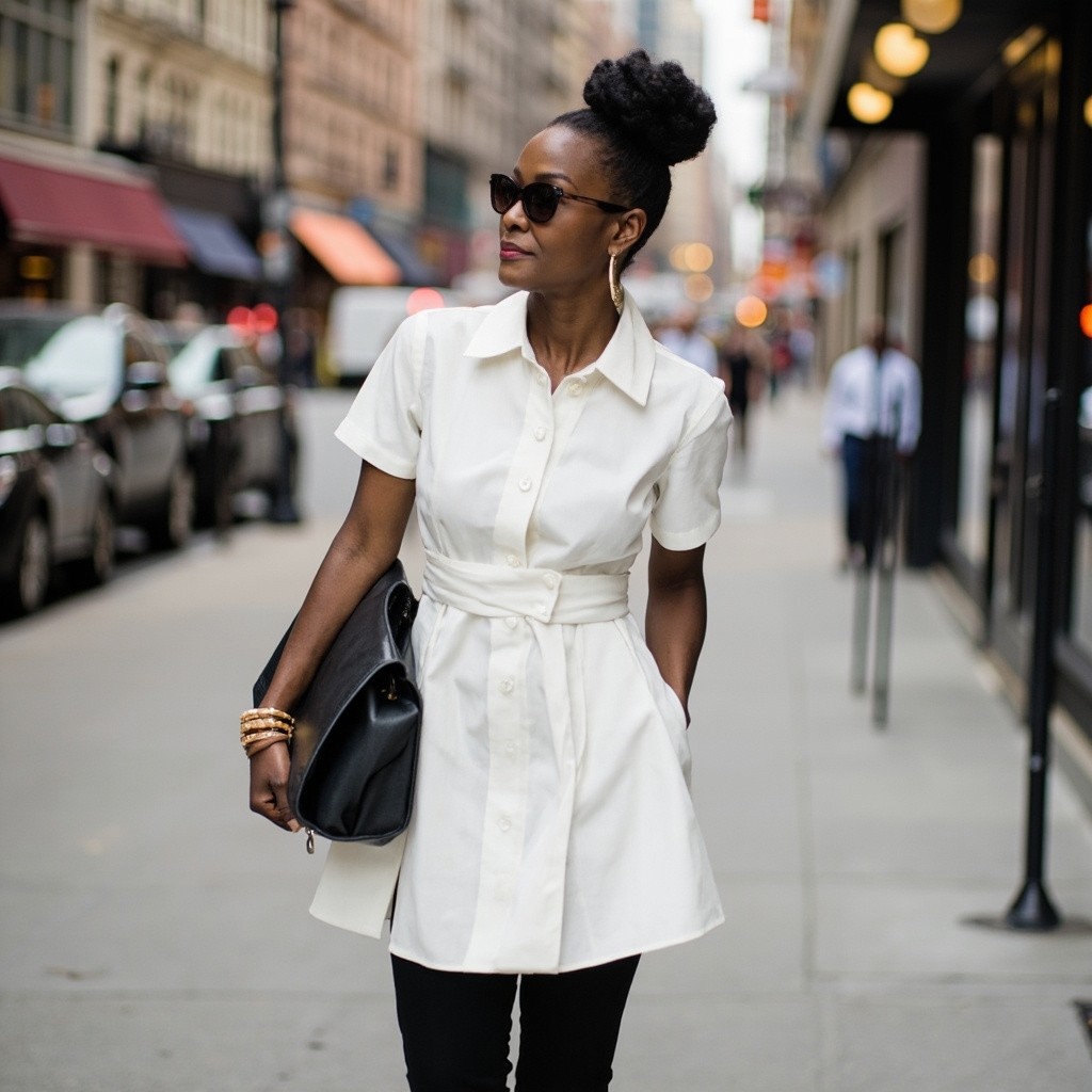 Mature Woman in White Dress and Black Accessories in City