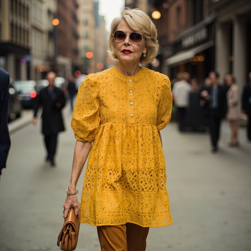 Mature Woman in Yellow Dress and Tan Accessories
