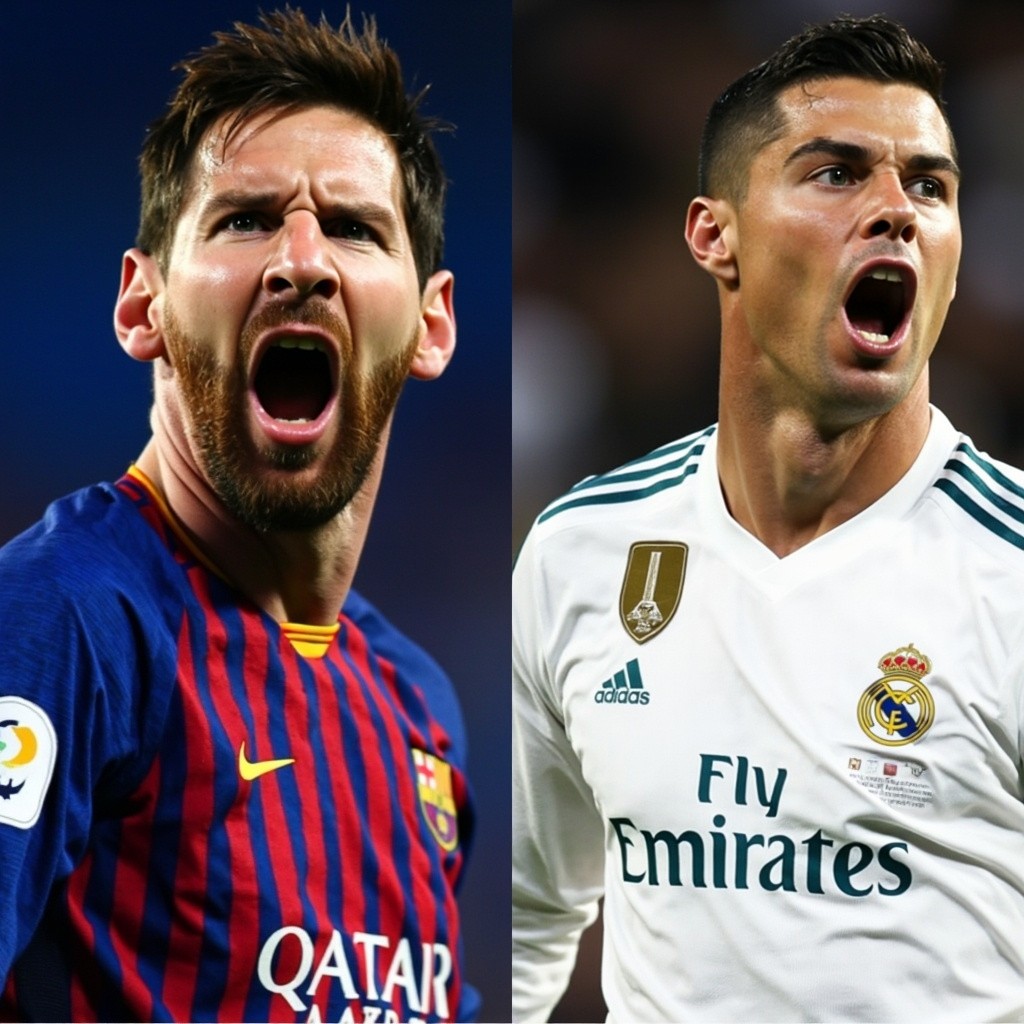 Messi and Ronaldo Screaming in Their Team Shirts