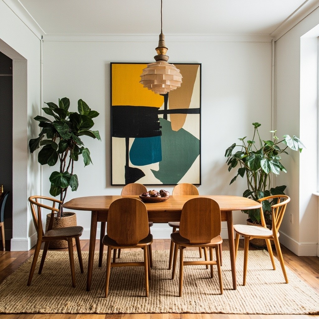 Mid-Century Dining Room with Abstract Art and Plants