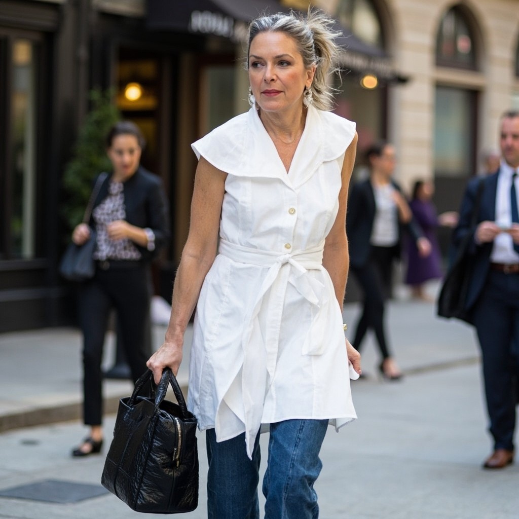 Middle-Aged Woman Wearing White Mini Dress in City