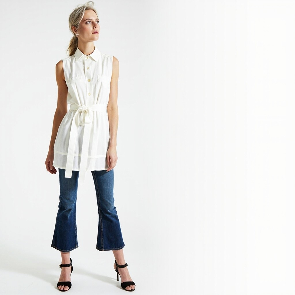 Middle-aged Woman Wearing White Mini Dress and Jeans