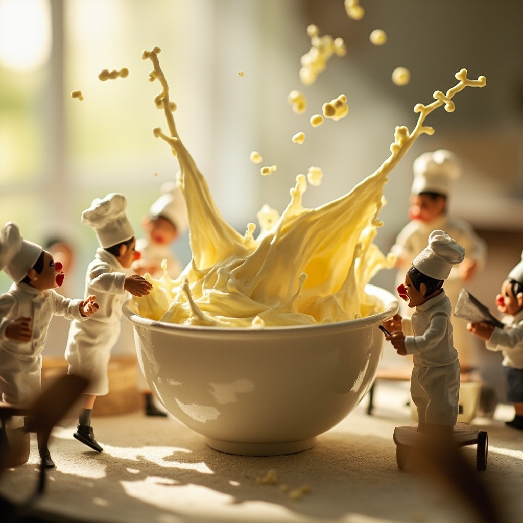 Miniature Chefs Creating Vanilla Cream in Whimsical Kitchen