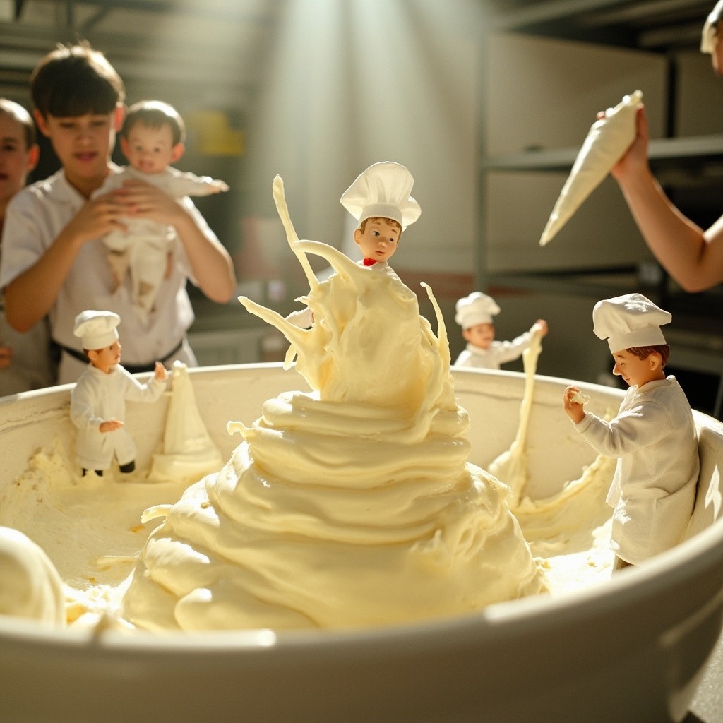 Miniature Chefs Making Vanilla Cream in Daylight