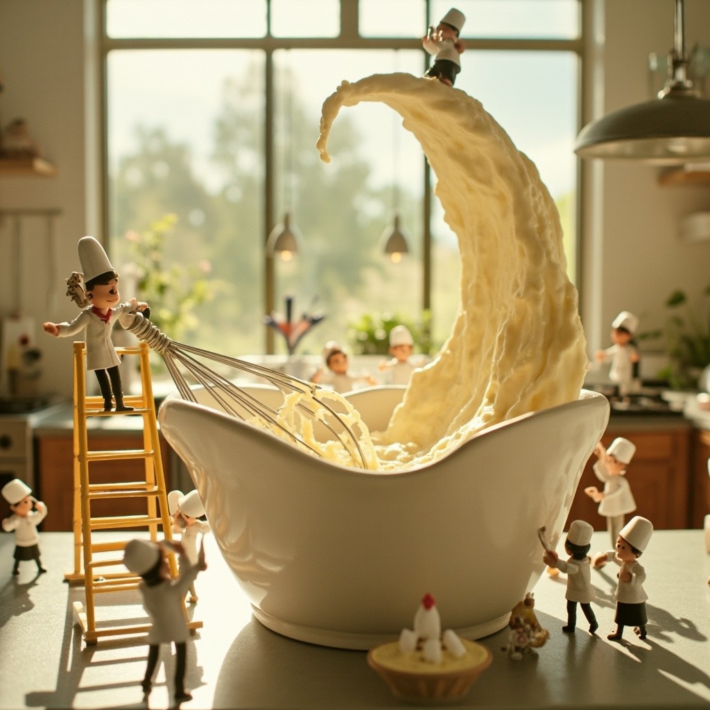 Miniature Chefs Making Vanilla Cream in Sunlit Kitchen