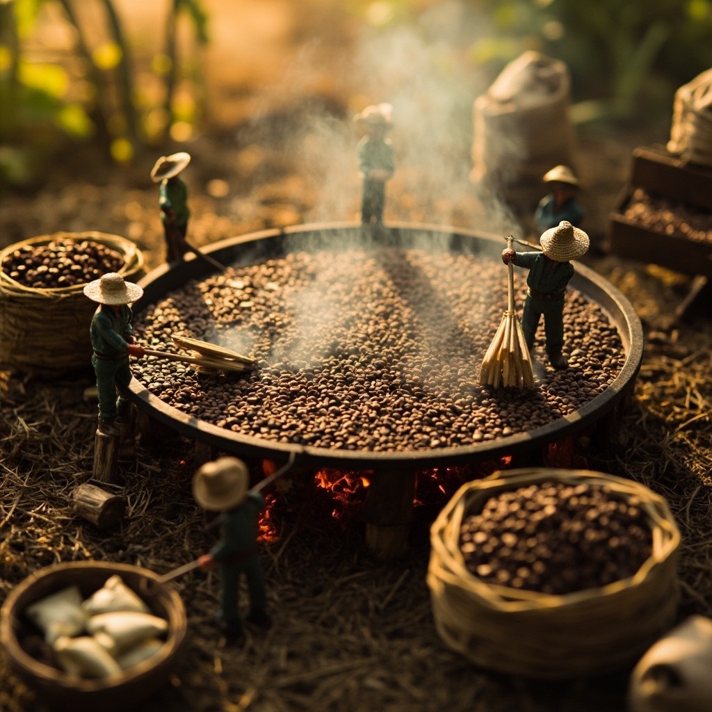 Miniature Figures Roasting Coffee Beans Outdoors