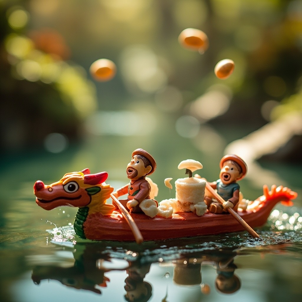 Miniature People Rowing Dragon Boat in Fantasy Forest