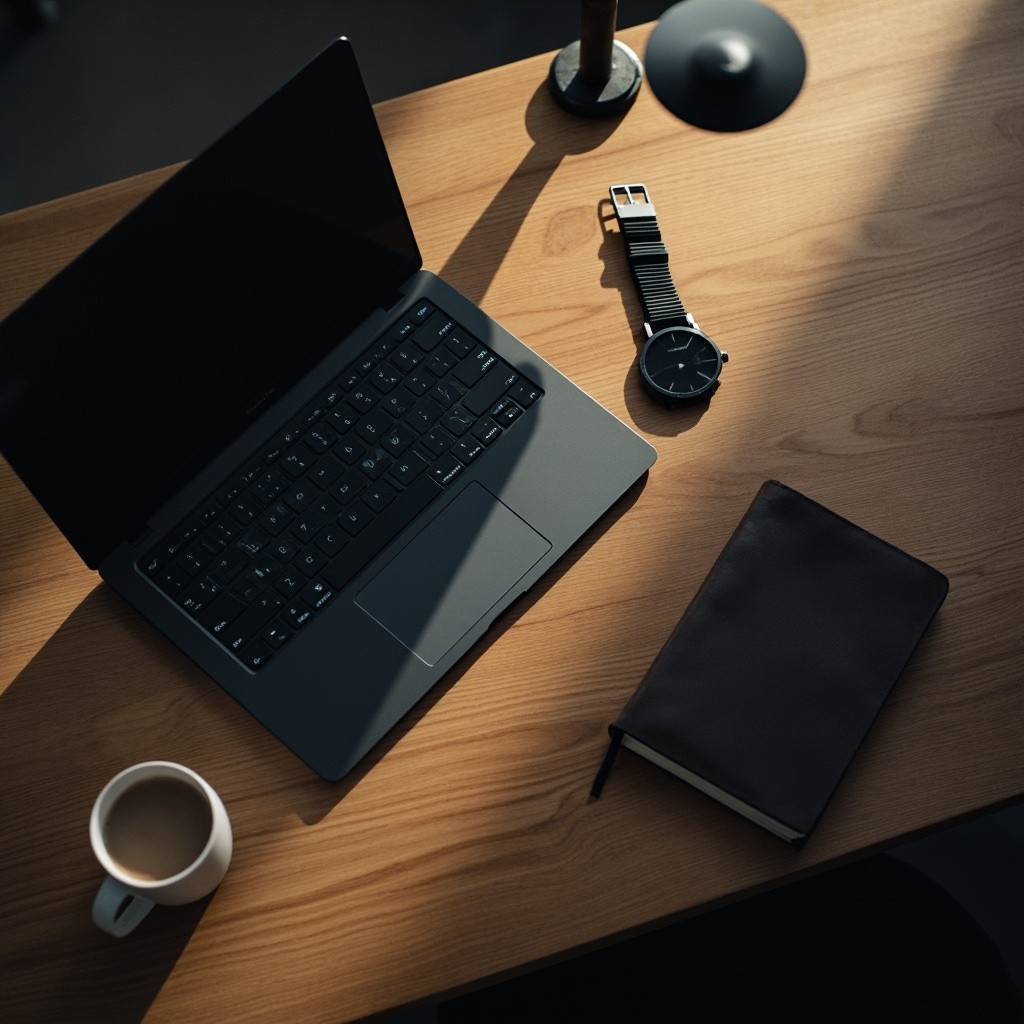 Minimalist Desk with Black Laptop and Morning Coffee
