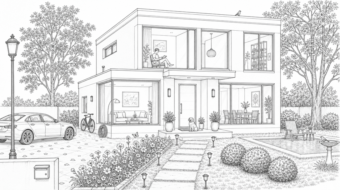 Detailed architectural line drawing of a modern two-story house ...