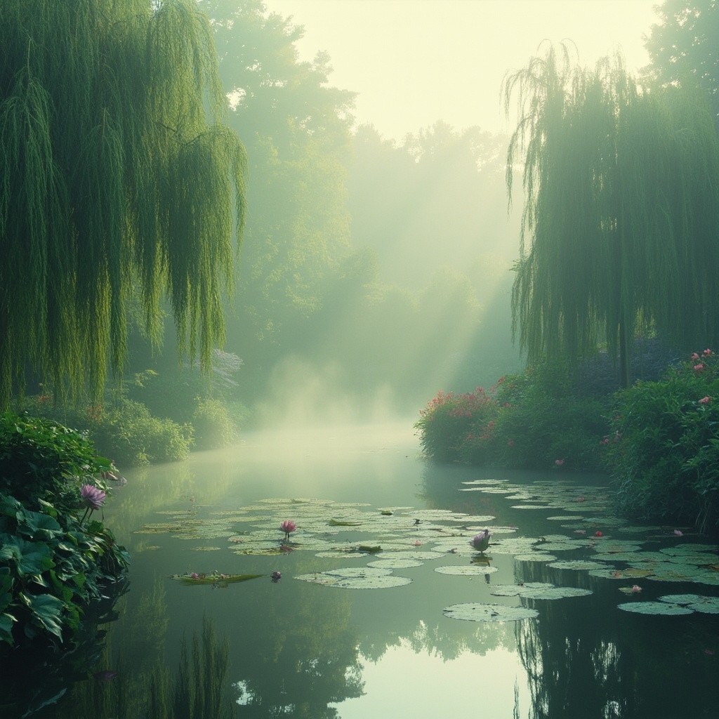 Misty Morning View of a Lush Garden