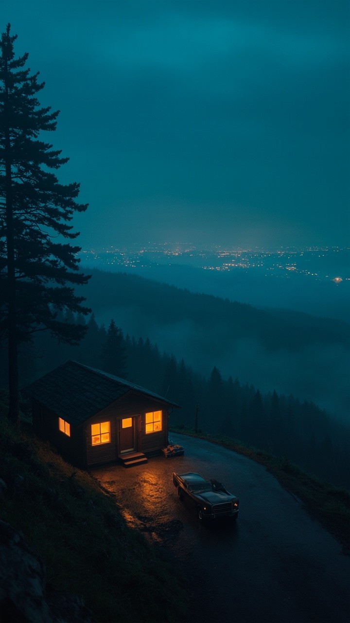 Misty Mountain Cabin Overlooking Glowing City Skyline