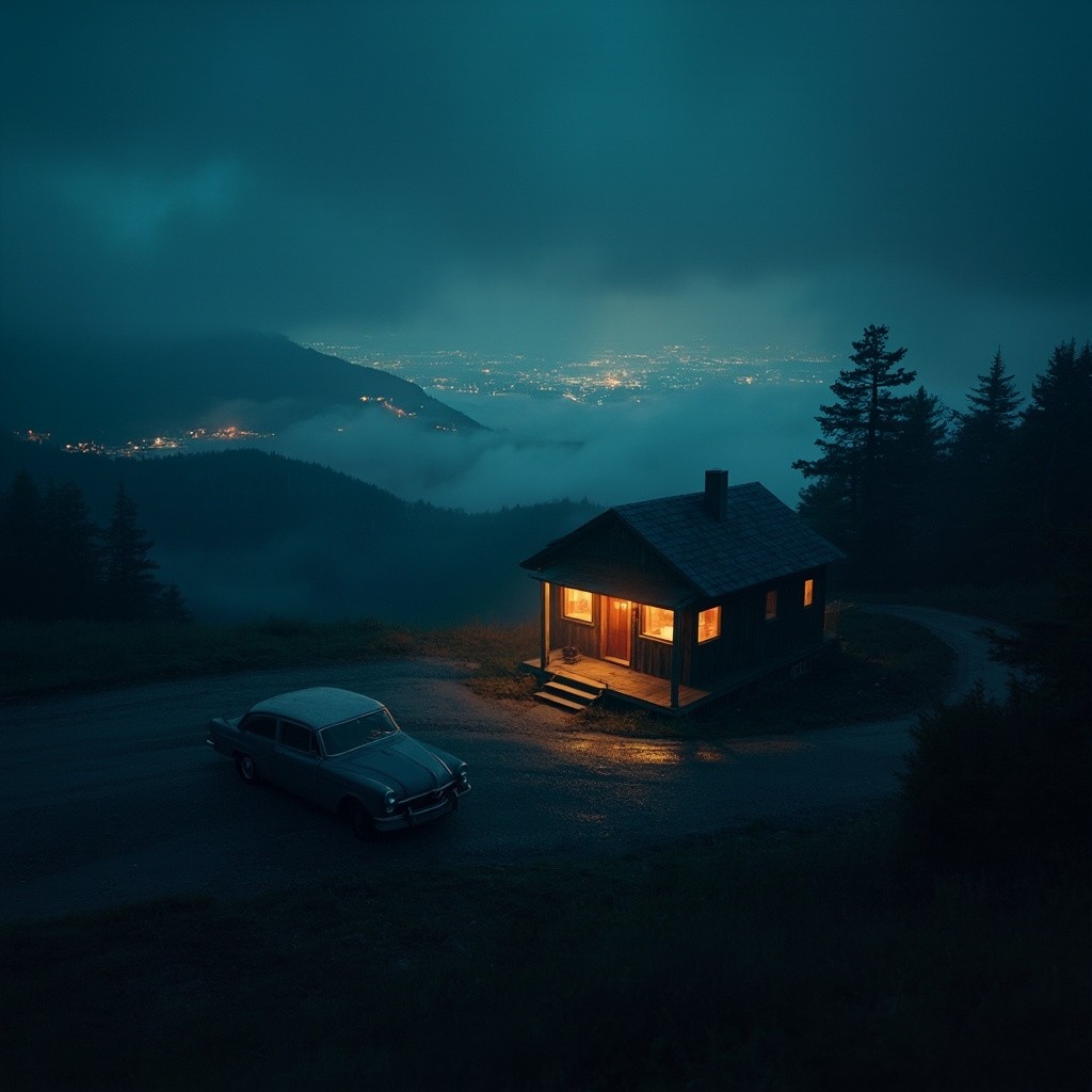Misty Mountain Cabin Overlooks Glowing City at Night