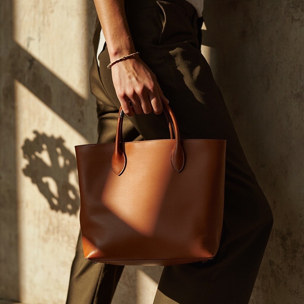 Model Showcasing Handcrafted Leather Bag in Sunlight