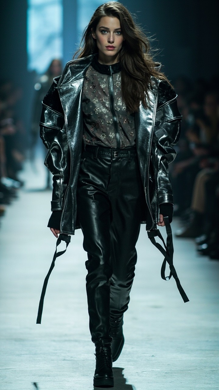 Model in Futuristic Outfit on Dystopian Runway