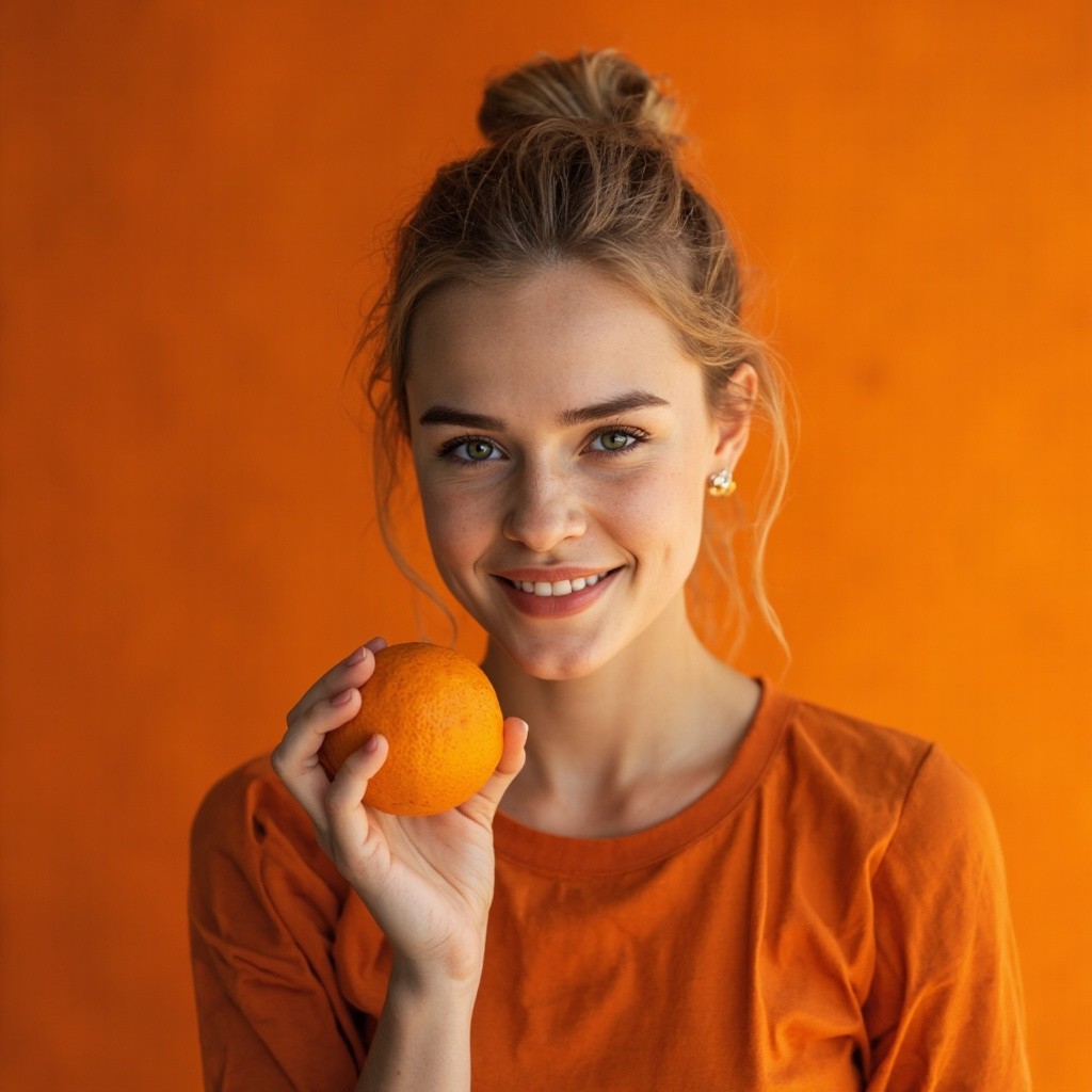 Model-like Russian Girl Holding Orange, Orange Shades