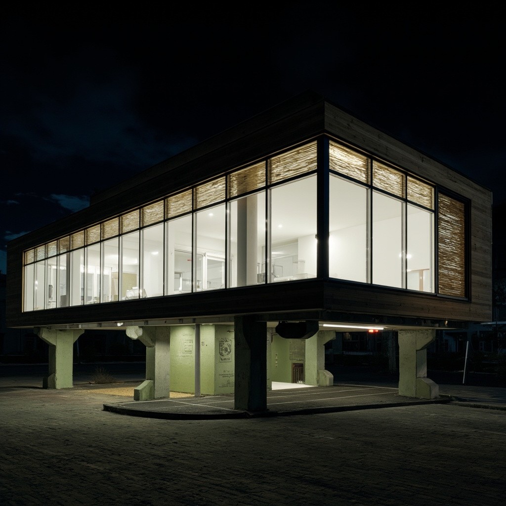 Modern Building with Green Columns at Night