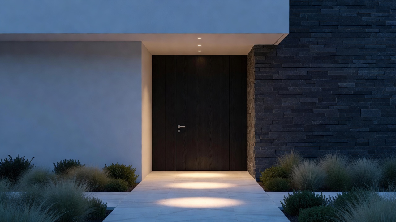 Modern House Entrance with Slim Recessed Fixtures & Dark Pivot Door ...