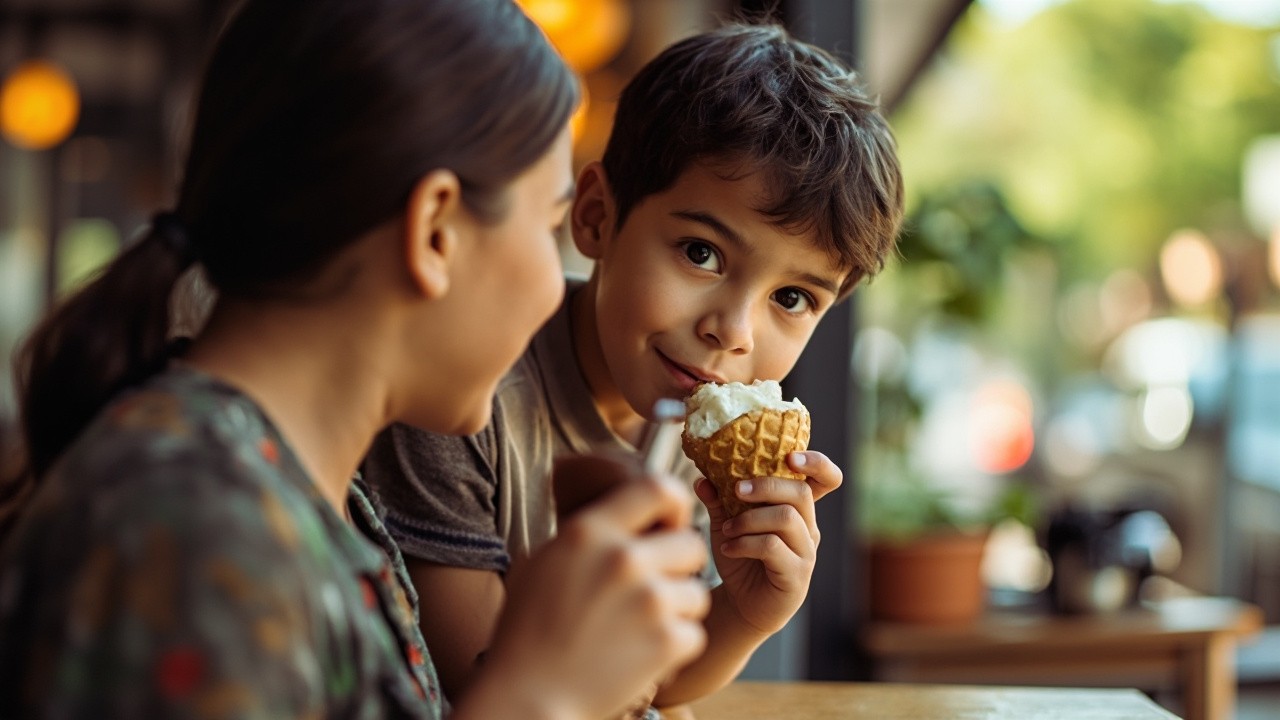 Modern Indian Boy Enjoys Ice Cream with Mom