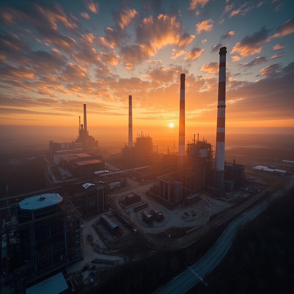 Modern Russian Coal Factory Construction at Sunrise