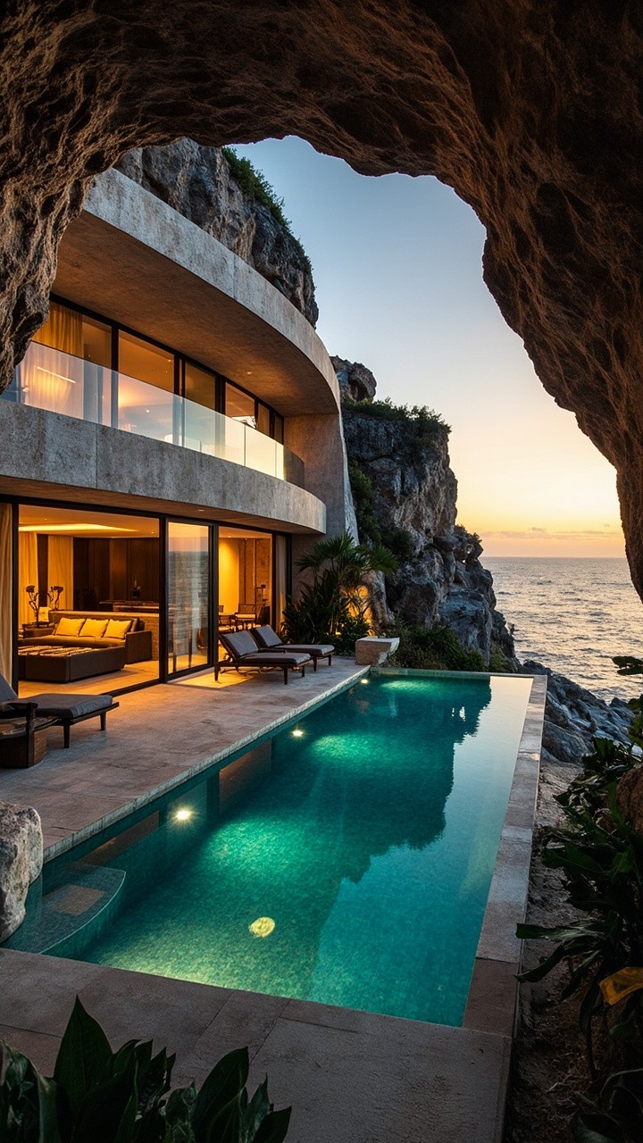 Modern Villa Blending with Seaside Cliff at Sunset
