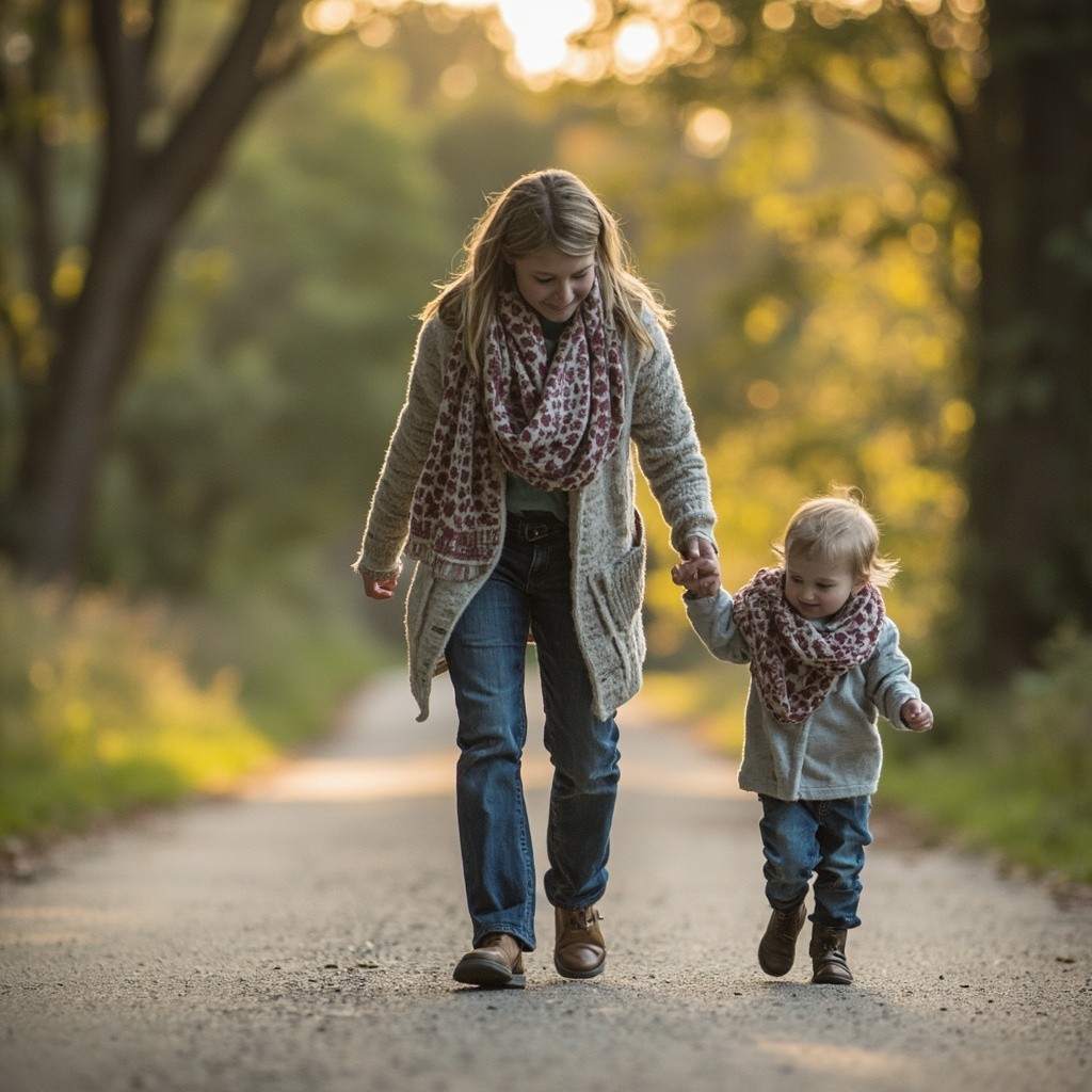 Mom Taking Little Kid on a Walk