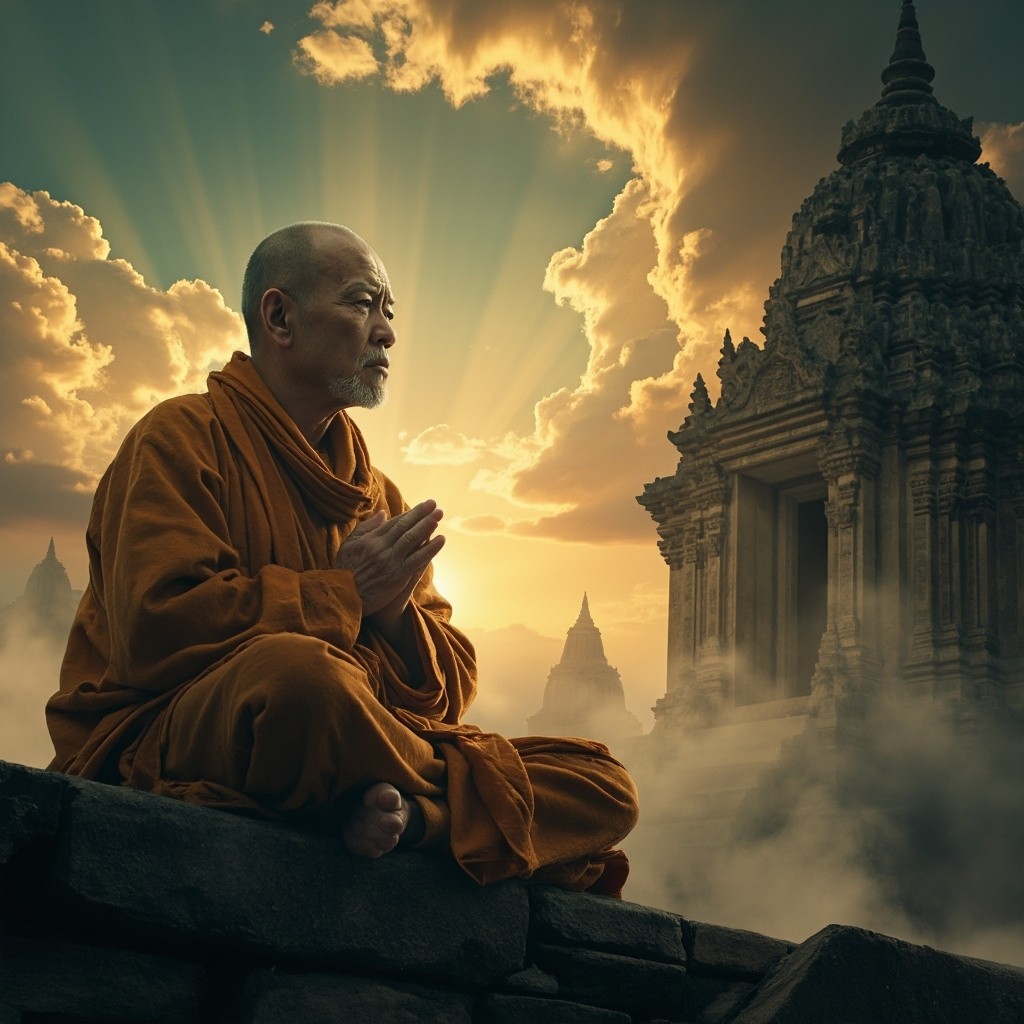 Monk Praying at Dawn by Ancient Temple