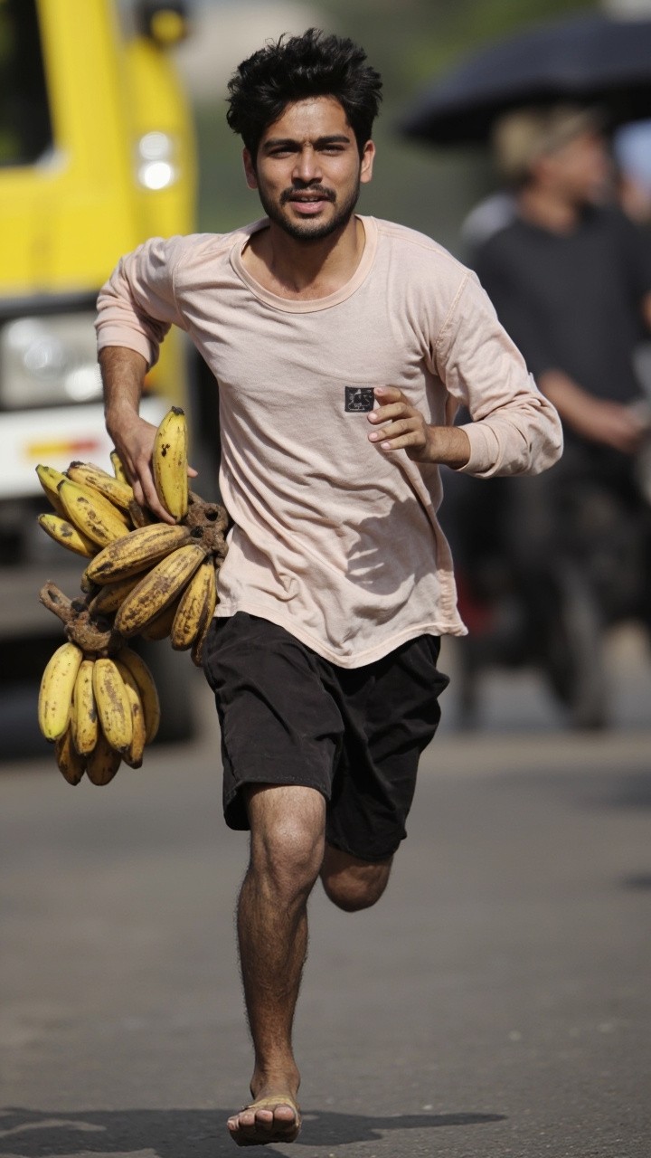 Monkey Fleeing the Market with Bananas