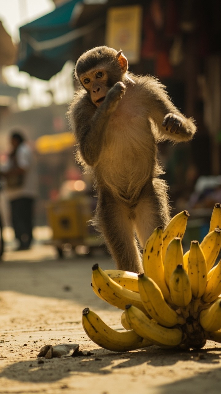 Monkeys Fleeing with Bananas from the Market