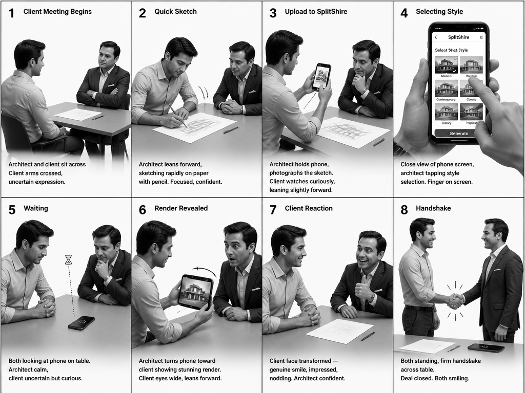 Detailed monochrome storyboard of architect-client meeting sequence. Detailed monochrome storyboard of architect-client meeting sequence.