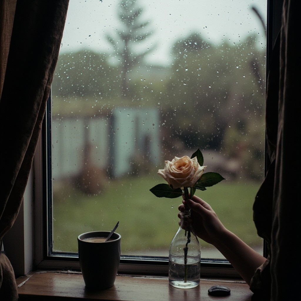 Morning Rain View with Coffee and Rose