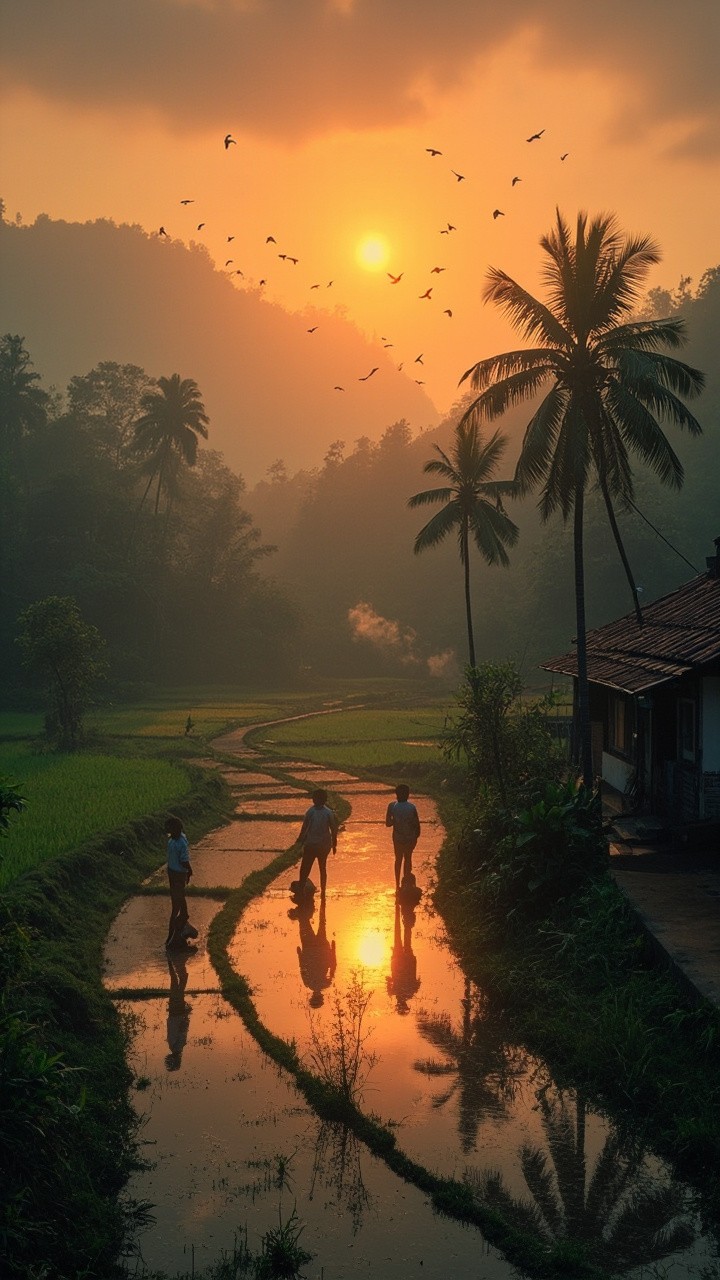 Morning Village Life with Sunrise and Paddy Fields
