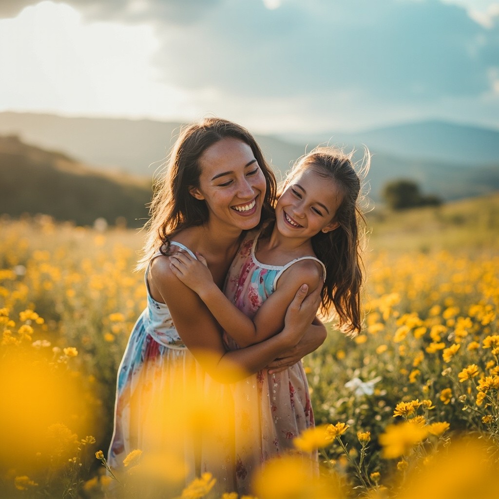 Mother-Daughter Joyful Hug in Floral Valley