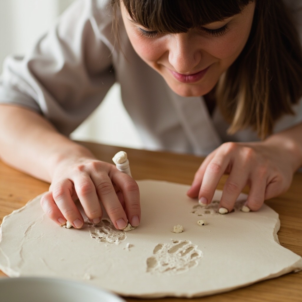 Mother Imprinting Baby's Handprints on Clay Board