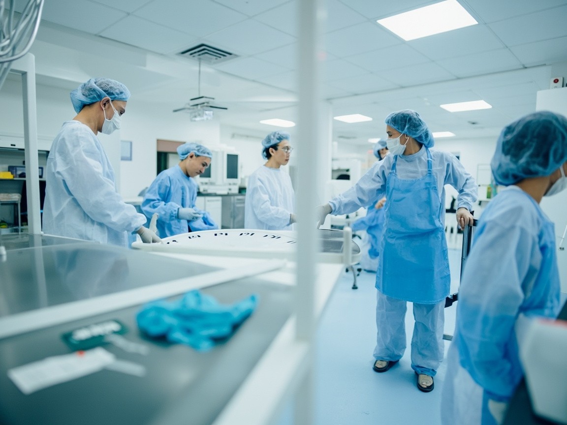 Multiple Asian Workers at Medical Facility Construction