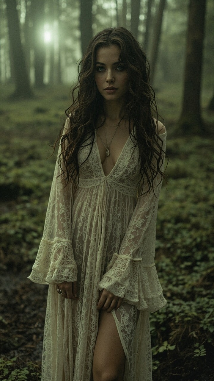 Mysterious Bohemian Woman in Rainy Forest Portrait