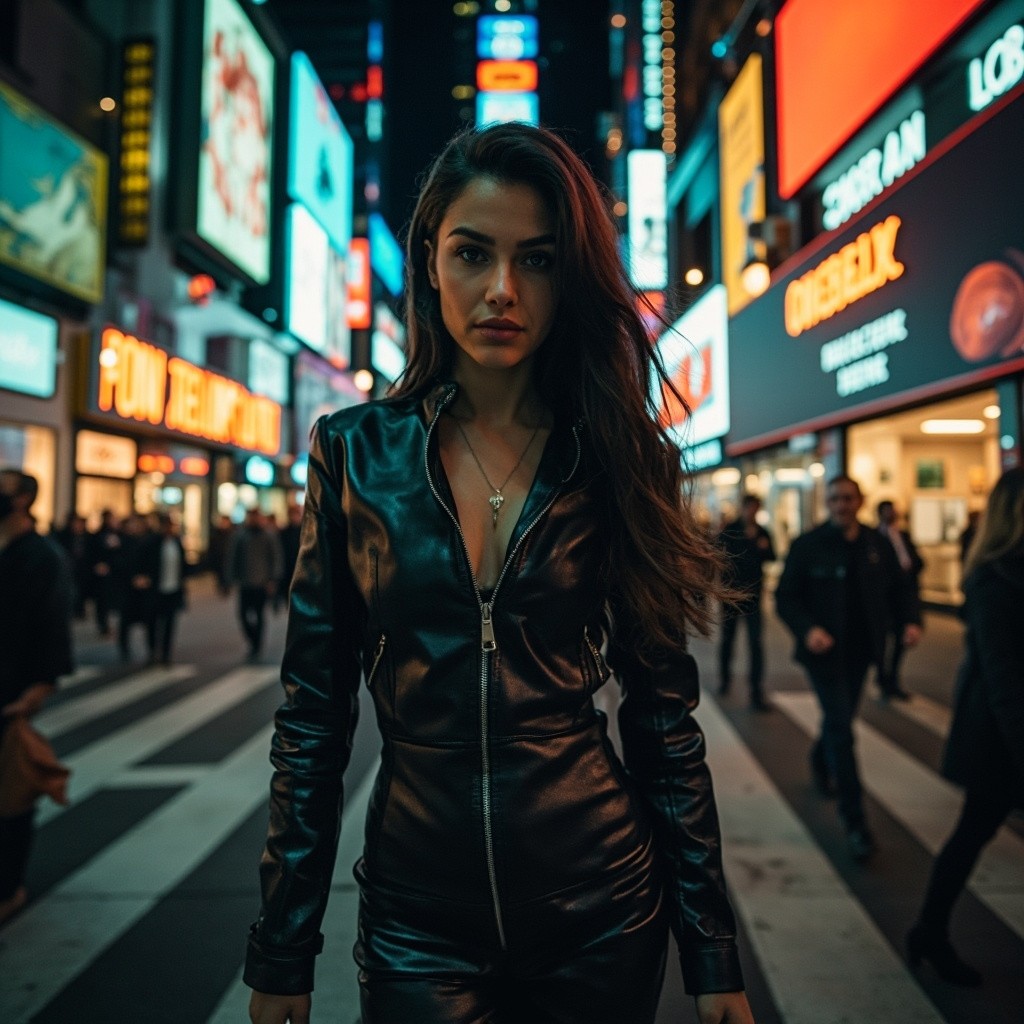 Mysterious Girl in Vibrant New York at Night