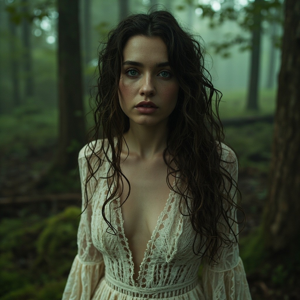 Mystic Woman in Bohemian Dress in Rainy Forest