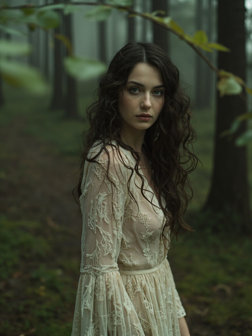 Mystical Bohemian Woman in Misty Forest Rain