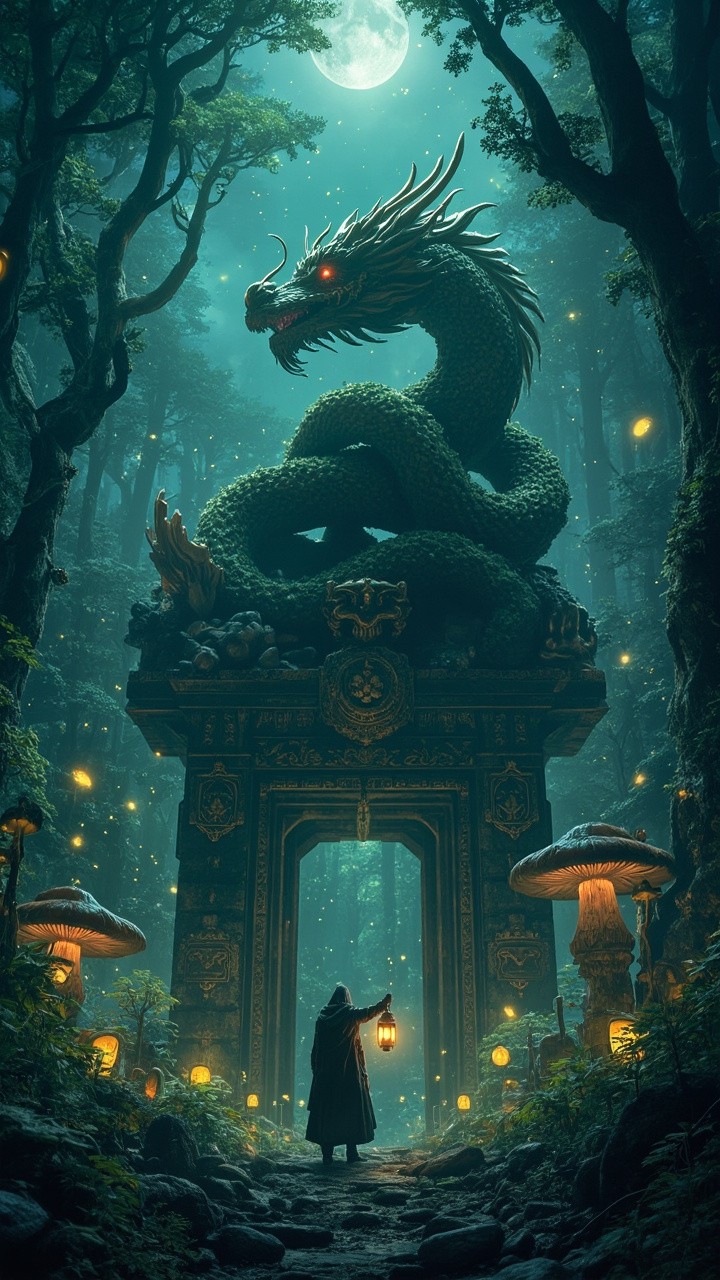 Mystical Forest with Ancient Dragon Shrine at Night
