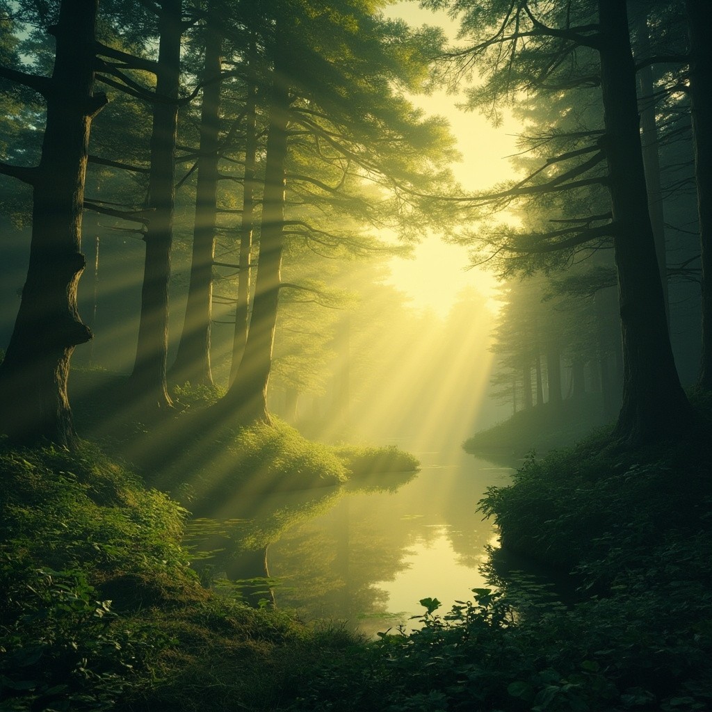 Mystical Forest with Glowing Pond at Golden Hour