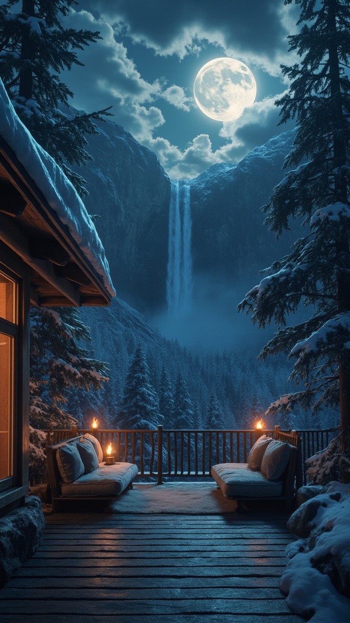 Mystical Moonlit Waterfall View from Cozy Cabin