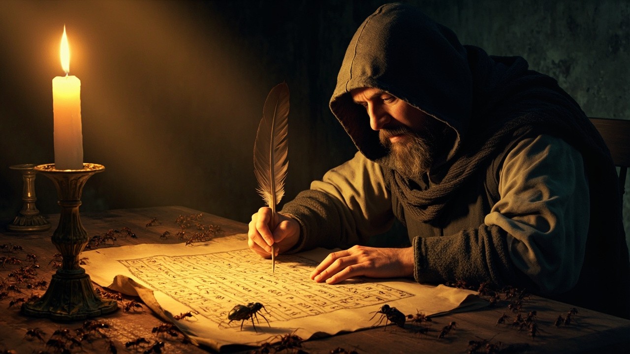 Mystical Scribe with Ants and Beetle in Candlelight