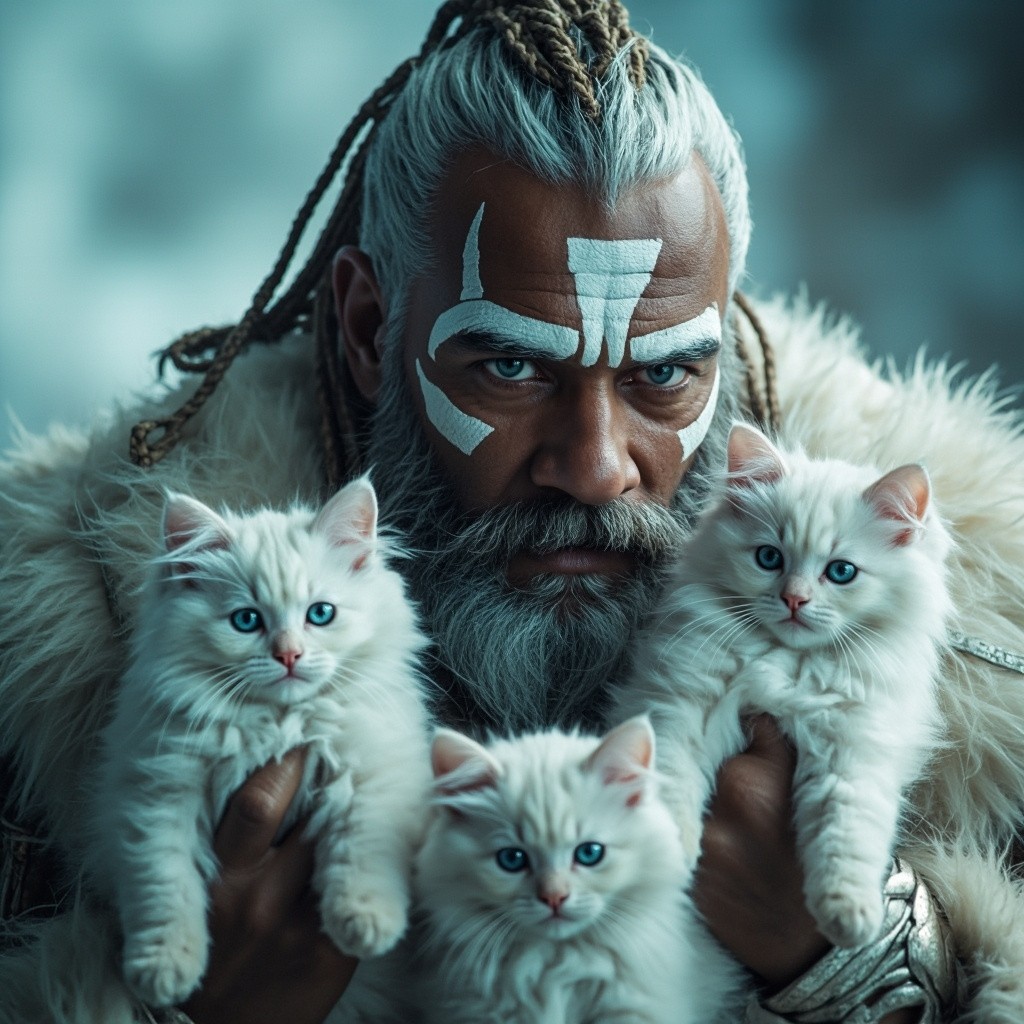 Mystical Warrior Tenderly Holding Kittens in Fantasy World