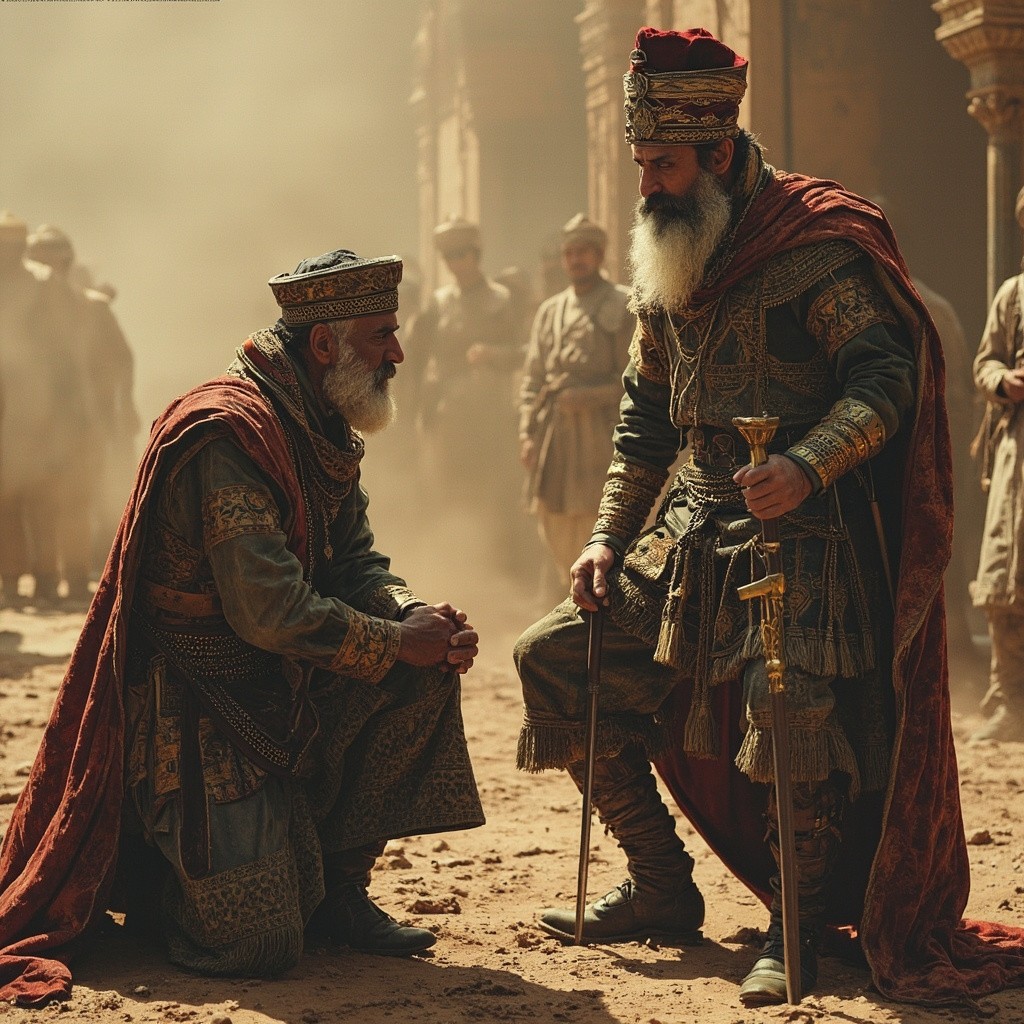 Nader Shah in War Attire, Indian King Kneels