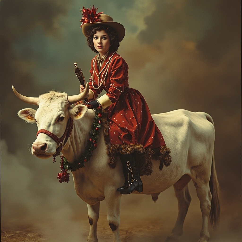 Nancy Apple, in Western Christmas Outfit, Riding Cadillac-Like Cow