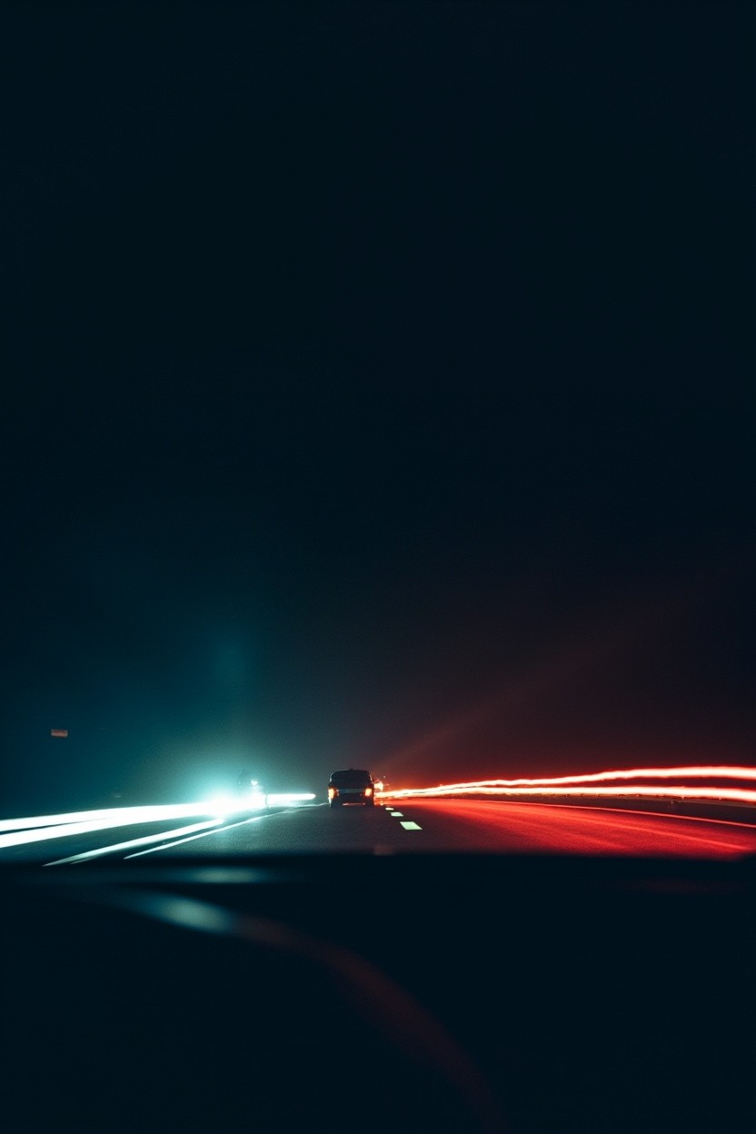 Nighttime Highway Scene with Skidding Cars and LED Lights