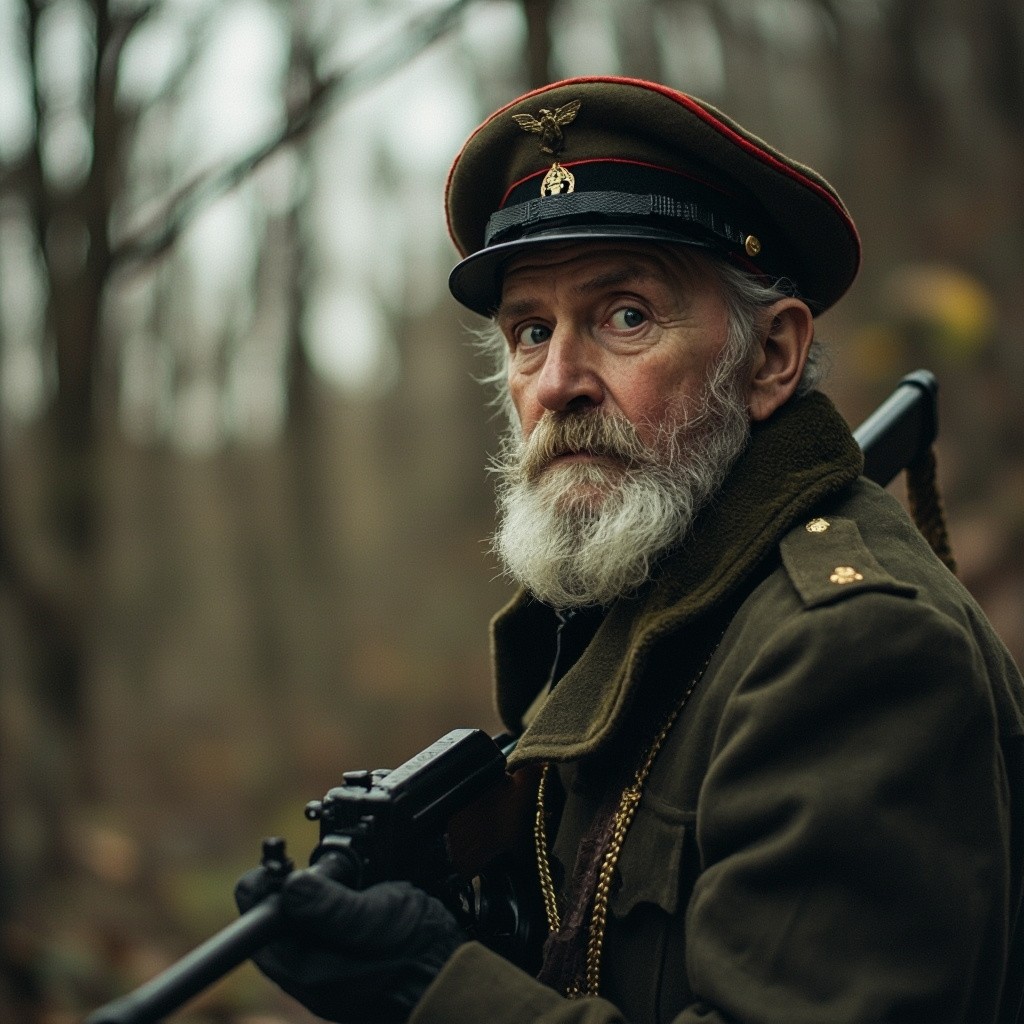 Old Man in Uniform with Machine Gun