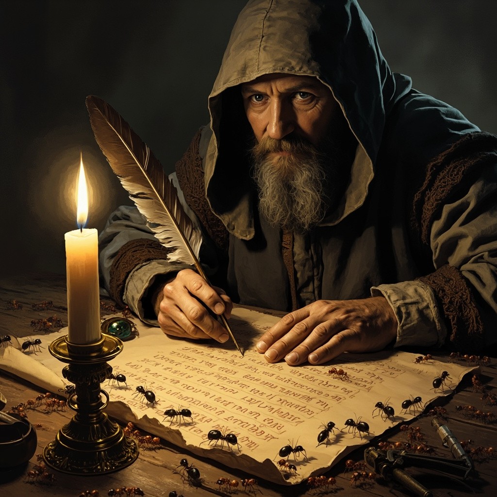 Old Slavic Scribe Writing Under Candlelight with Ants